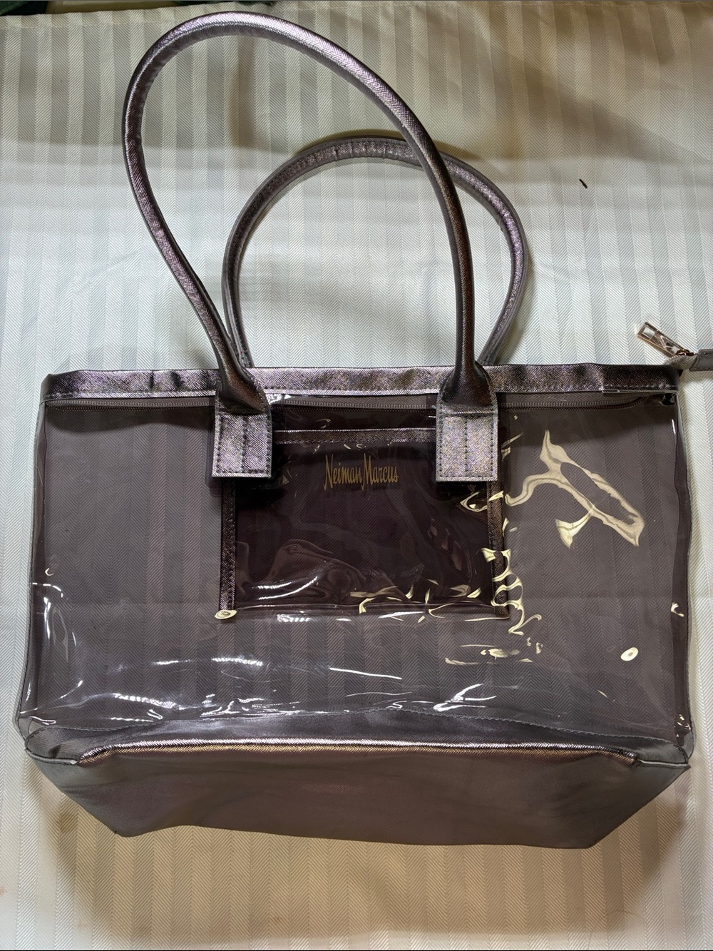 Neiman Marcus Clear Tote with Metallic Rose Accents